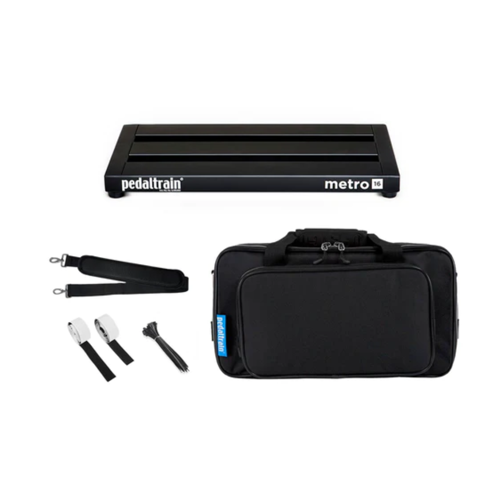 Pedaltrain Metro 16 effects pedalboard with soft case, compact and portable for guitar effects pedal setup.