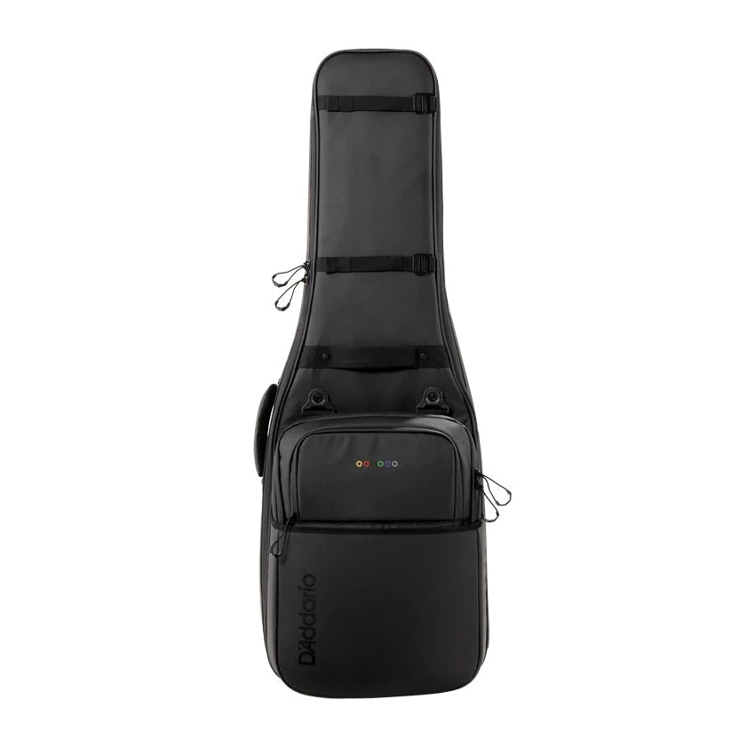 D'Addario Backline electric guitar case in black with padded exterior and sturdy handle for secure transport.