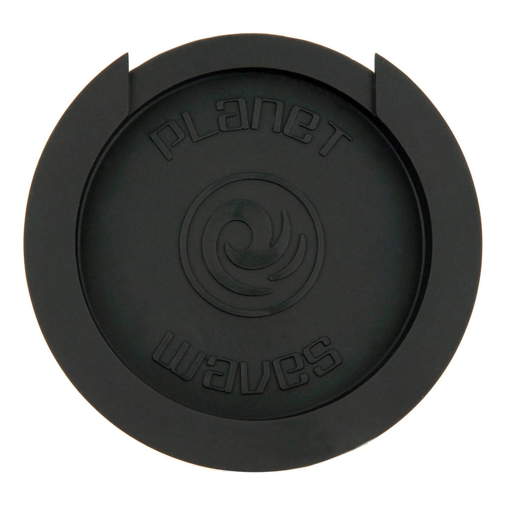 D'Addario Planet Waves Screeching Halt soundhole plug for acoustic guitars, black plastic with brand logo, fitting into guitar soundholes
