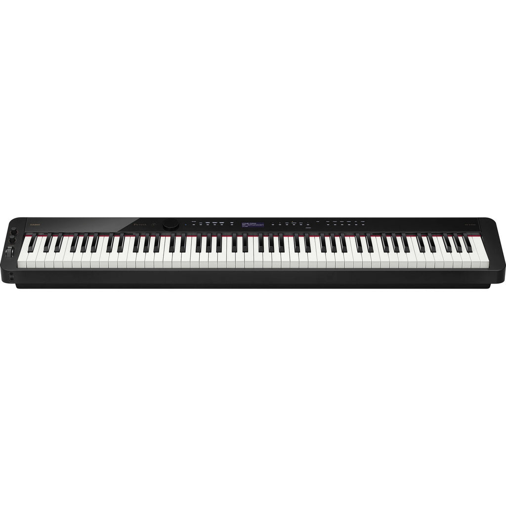 Casio Privia PX-S3100 black portable digital piano with sleek slim design, stage and performance keyboard, close-up view.