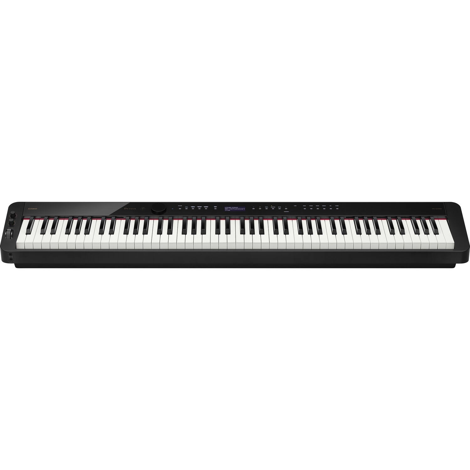 Casio Privia PX-S3100 black portable digital piano with sleek slim design, stage and performance keyboard, close-up view.