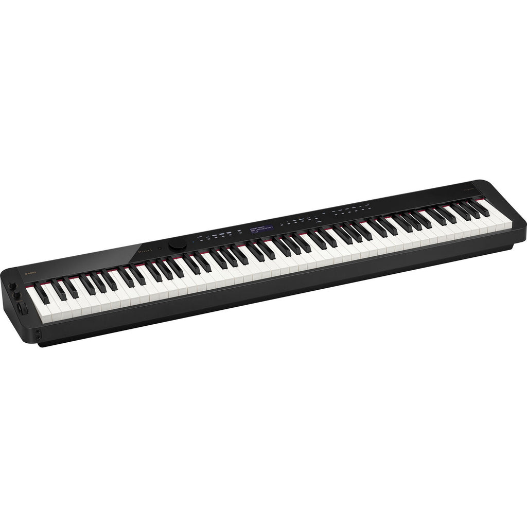 Casio Privia PX-S3100 black portable digital piano with sleek slimline design, stage and performance keyboard, close-up view