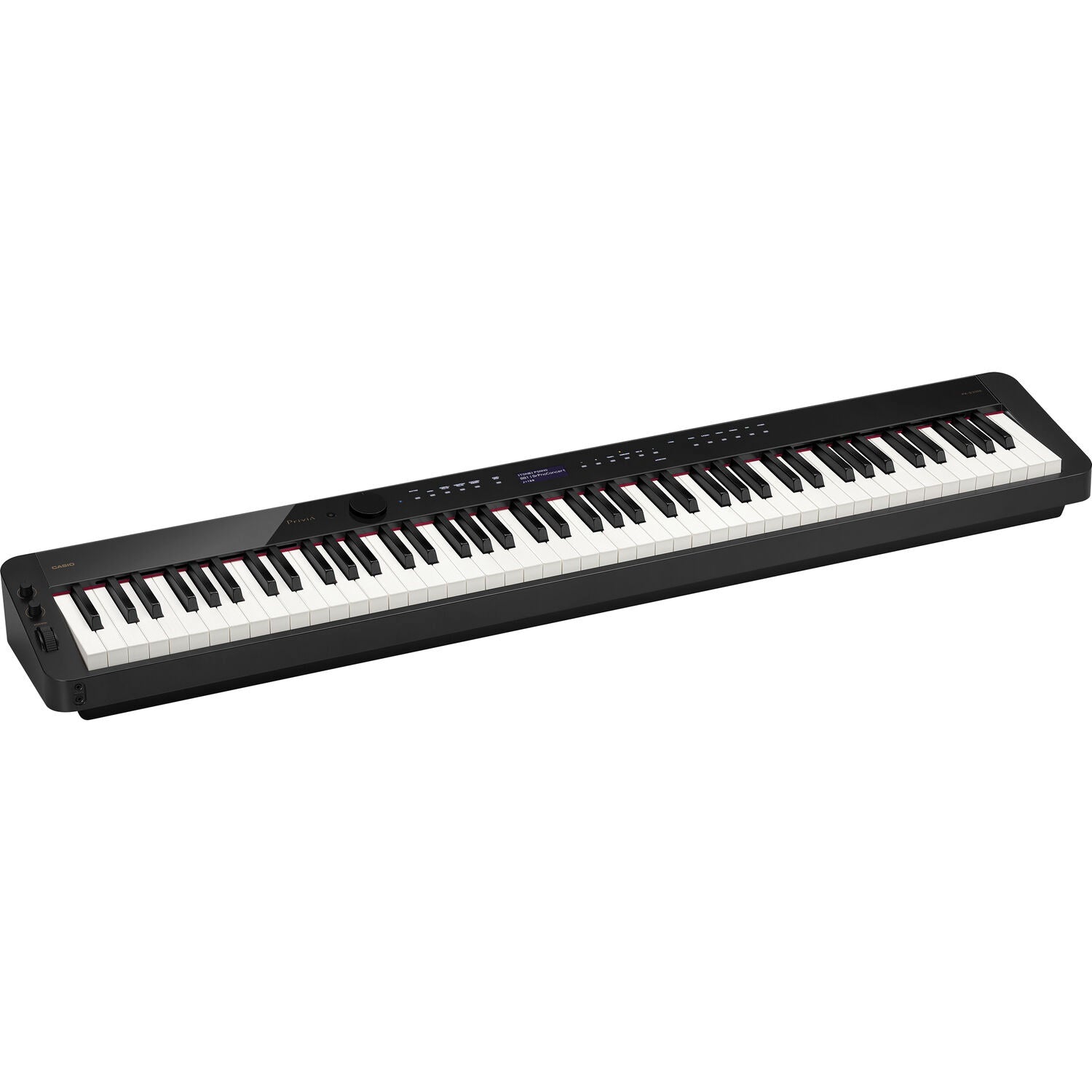 Casio Privia PX-S3100 black portable digital piano with sleek slimline design, stage and performance keyboard, close-up view