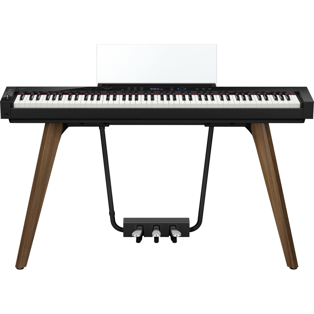 Casio Privia PX-S7000 black portable digital piano with matching stand, featuring sleek design and full-sized keys.