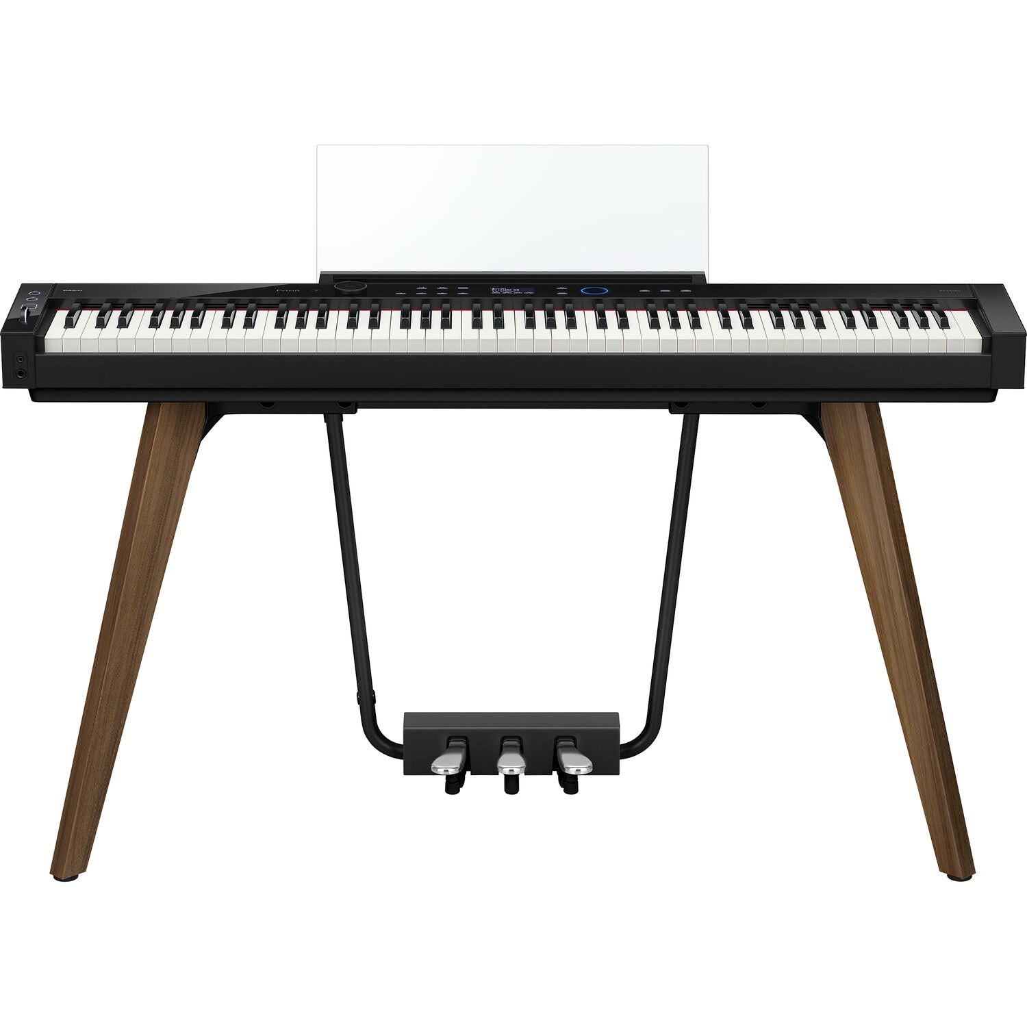 Casio Privia PX-S7000 black portable digital piano with matching stand, featuring sleek design and full-sized keys.