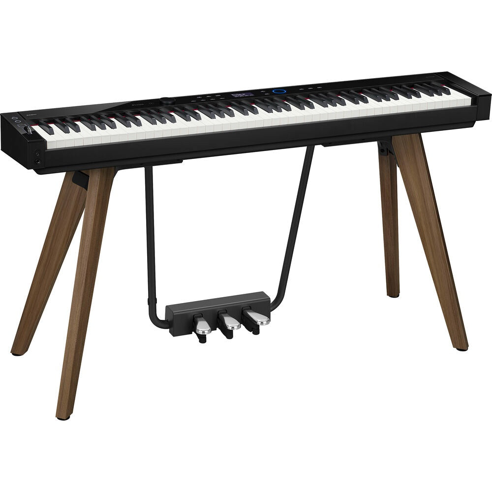 Casio Privia PX-S7000 portable digital piano with stand in black, showing keys and sleek design.