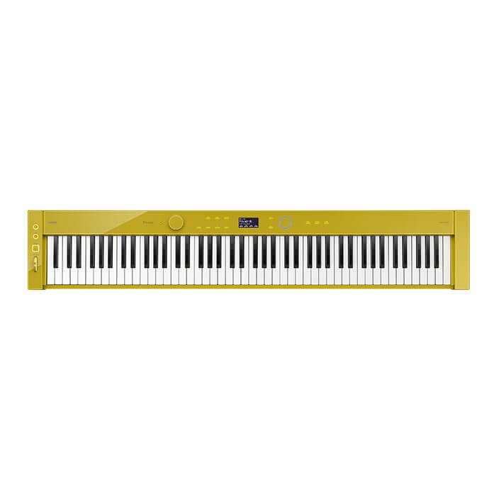 Casio Privia PX-S7000 portable digital piano with mustard-colored body and oak stand, showcasing the sleek instrument and stand setup.