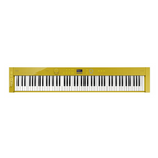 Casio Privia PX-S7000 portable digital piano with mustard-colored body and oak stand, showcasing the sleek instrument and stand setup.
