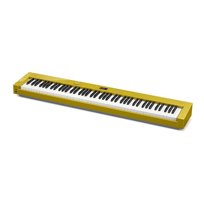 Casio Privia PX-S7000 portable digital piano with mustard-colored body and oak stand, showcasing its sleek design and control panel.
