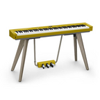 Casio Privia PX-S7000 portable digital piano with mustard and oak stand, showing the sleek black digital keyboard and stand.