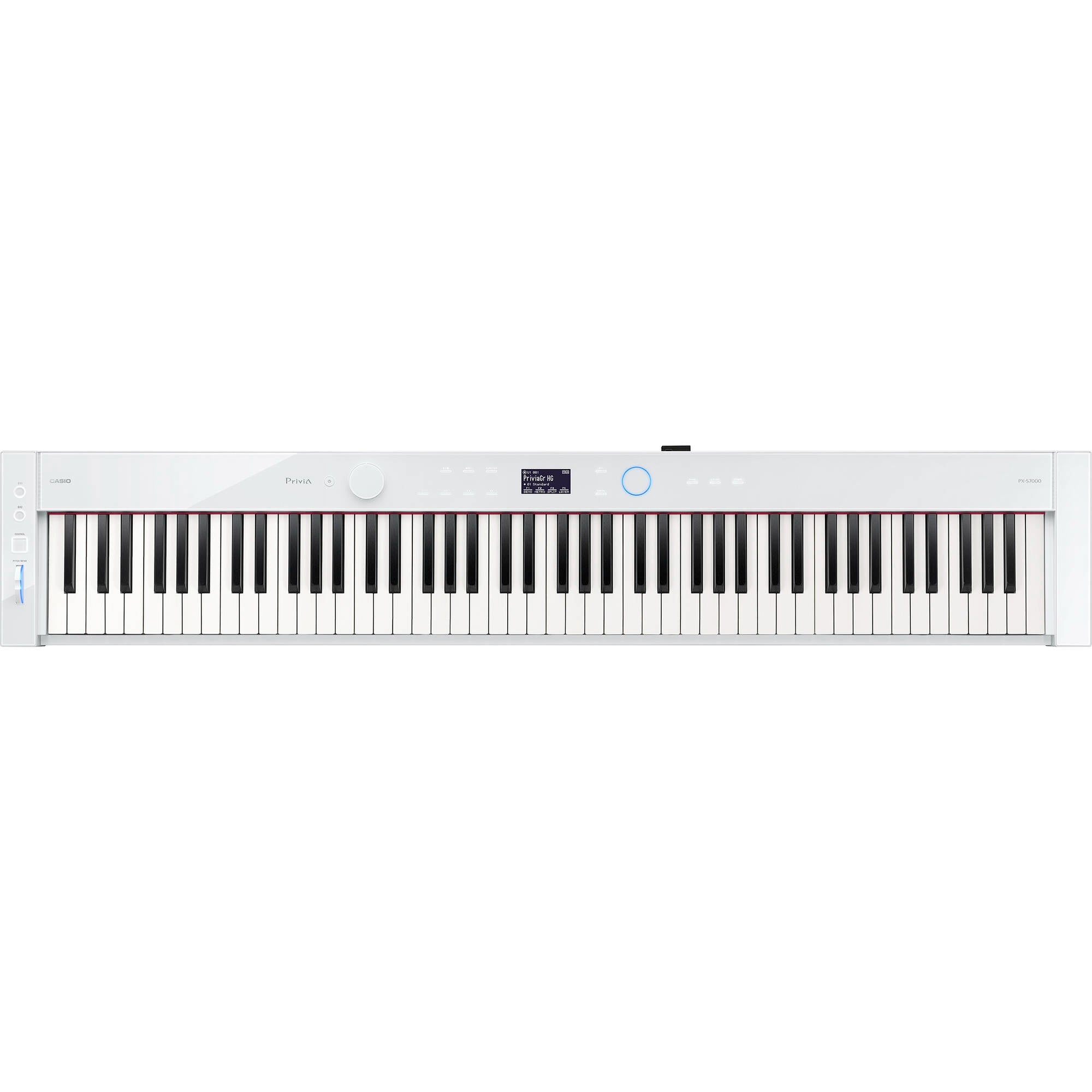 Casio Privia PX-S7000 portable digital piano in white with matching stand, compact design, and control panel visible.