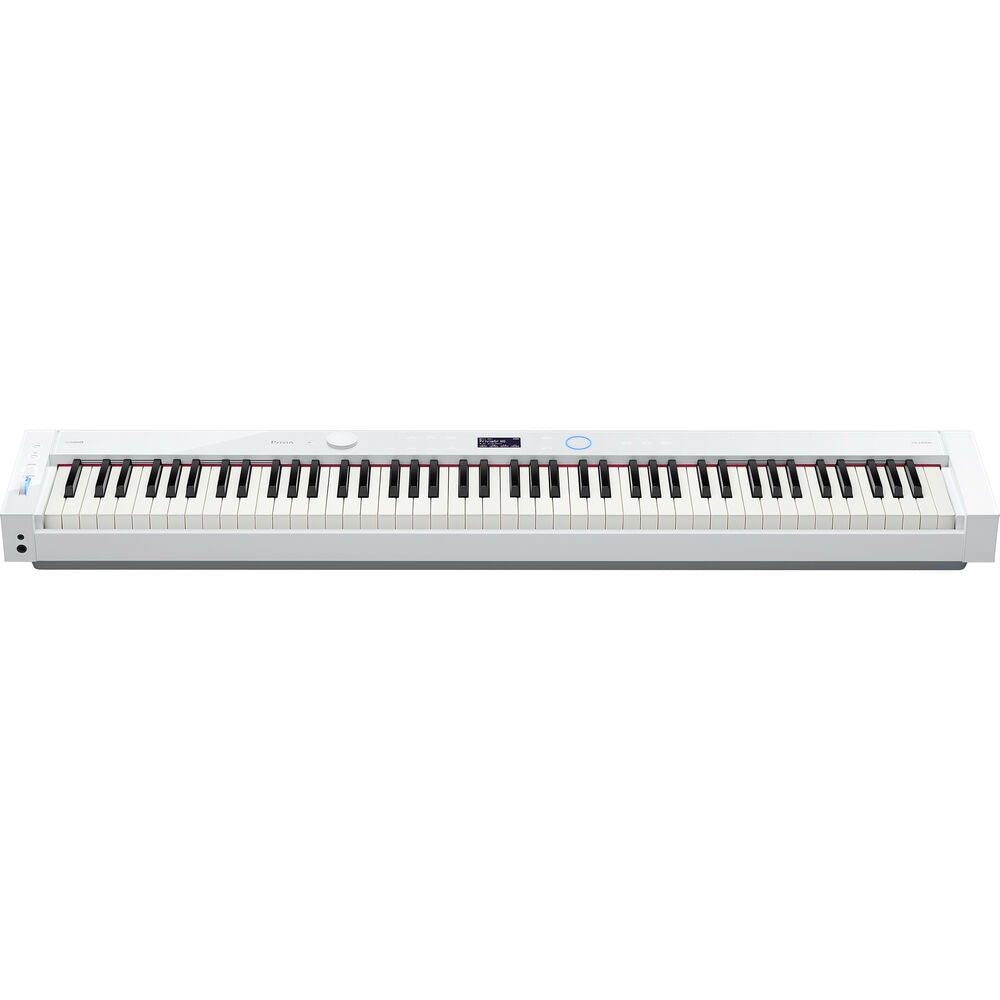 Casio Privia PX-S7000 portable digital piano with stand in white, showing the sleek keyboard and modern design.