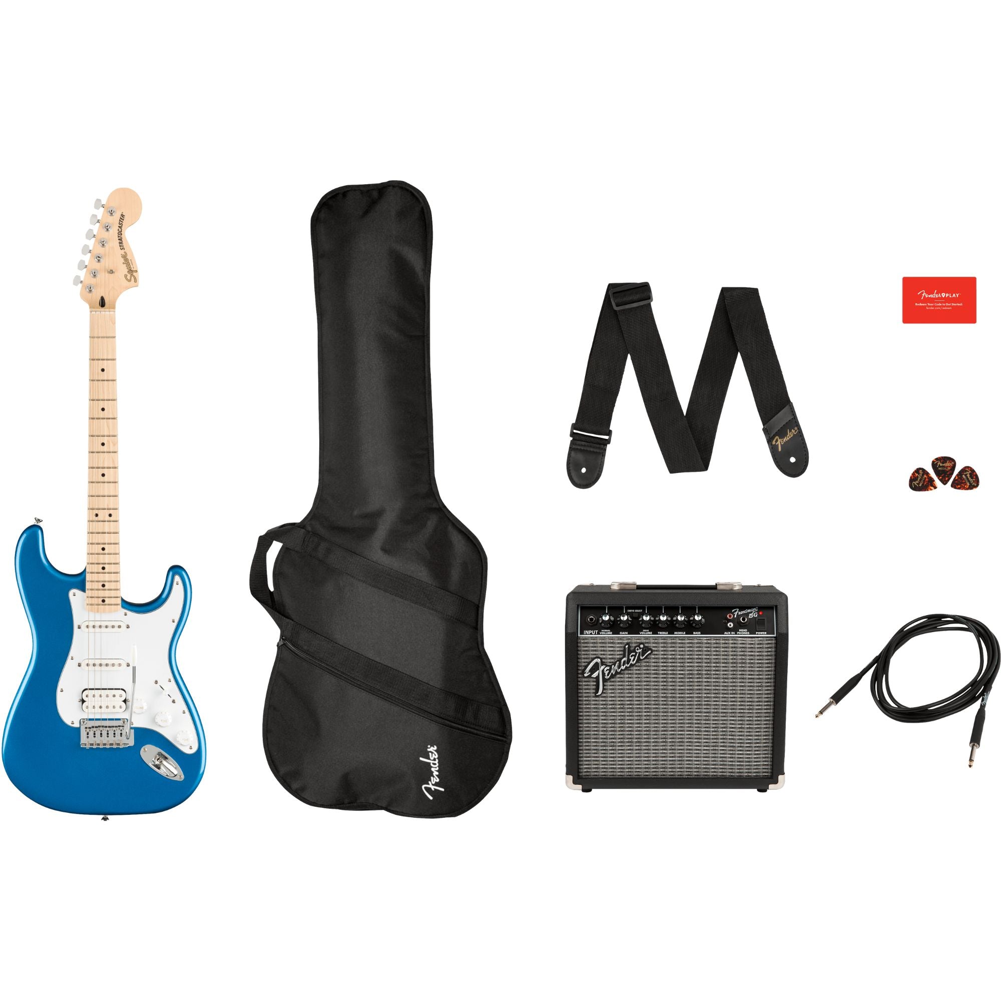 Squier Affinity Stratocaster HSS Pack with Fender Frontman 15G Amplifier and Accessories in Lake Placid Blue - OPEN BOX