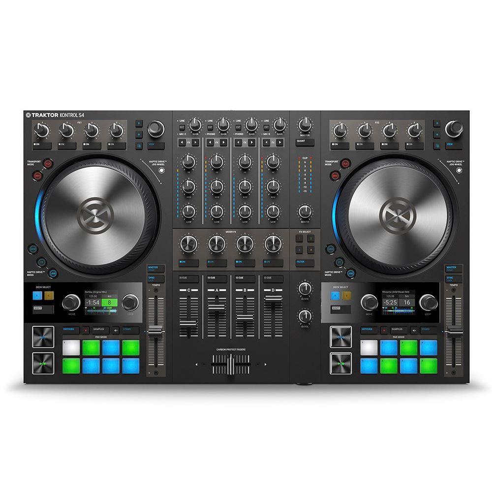 Native Instruments Traktor Kontrol S4 MK3 2-deck DJ controller with jog wheels, buttons, and sliders for mixing music.