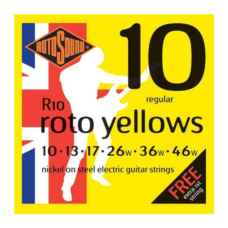 Rotosound R10 Roto Yellows electric guitar string set 10-46 with yellow packaging and individual strings visible.