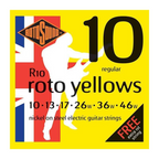 Rotosound R10 Roto Yellows electric guitar string set with 10-46 gauge, featuring bright yellow packaging and individual strings.