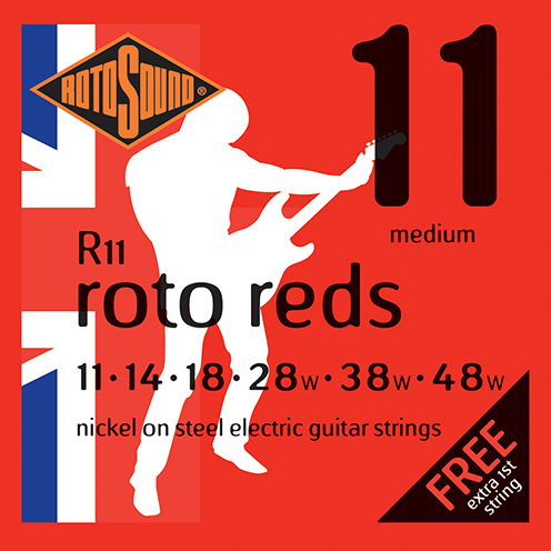 Rotosound Roto Reds electric guitar strings set with 11-48 gauge, shown on a guitar neck, featuring bright packaging.