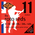 Rotosound Roto Reds electric guitar strings set with 11-48 gauge, shown on a guitar neck, featuring bright packaging.