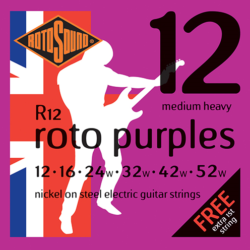 Rotosound Roto Purples electric guitar strings set with 12-52 gauge, shown on a guitar neck.