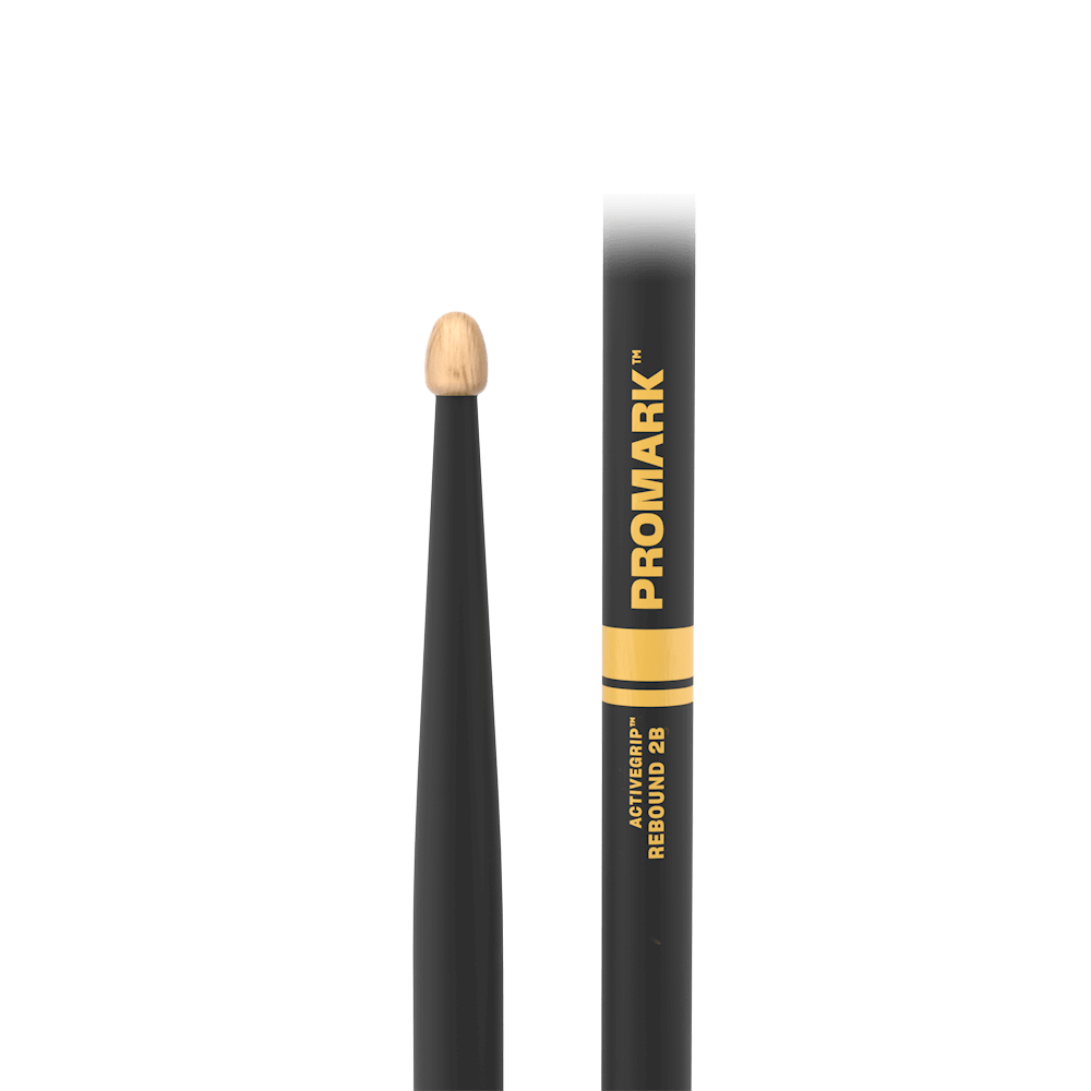 ProMark Rebound 2B ActiveGrip drumsticks with hickory wood and acorn tips, black finish, designed for drummers.