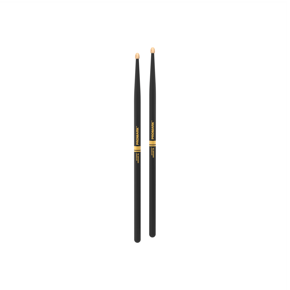 ProMark Rebound 2B ActiveGrip drumsticks with hickory construction and acorn tips, featuring a black finish and textured grip.