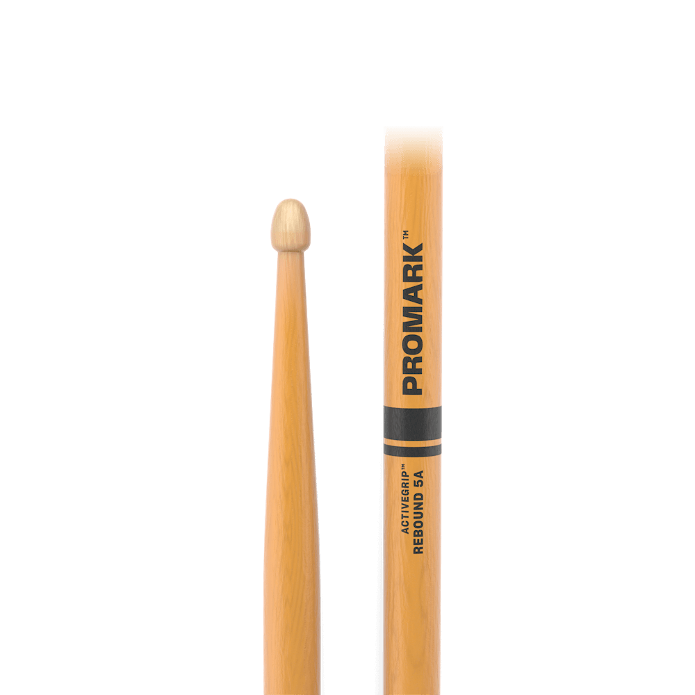 ProMark Rebound 5A ActiveGrip drumsticks with Hickory shaft and Acorn tip, shown with a clear finish and textured grip.