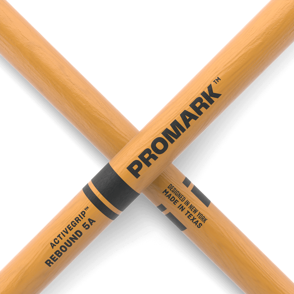 ProMark Rebound 5A ActiveGrip drumsticks with Hickory and Acorn tips, clear finish, designed for drummers.