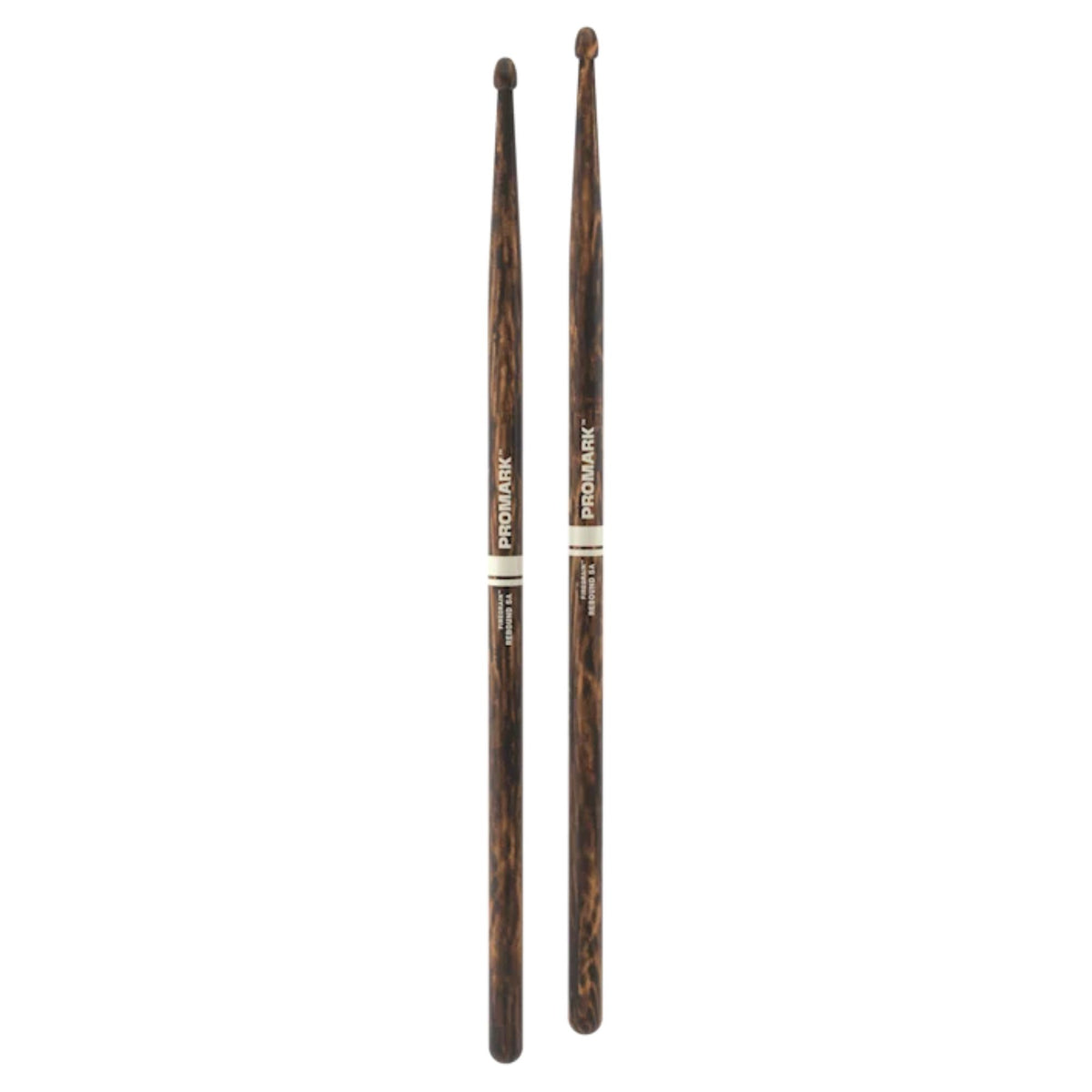 ProMark Rebound 5A FireGrain drumsticks with natural wood finish, designed for drummers, showing the sticks with branding visible.