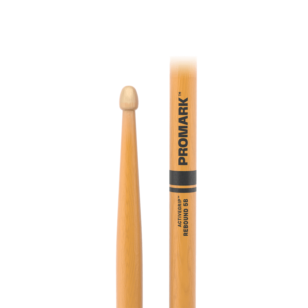ProMark Rebound 5B ActiveGrip drumsticks with hickory wood, acorn tip, and clear finish, designed for drummers.