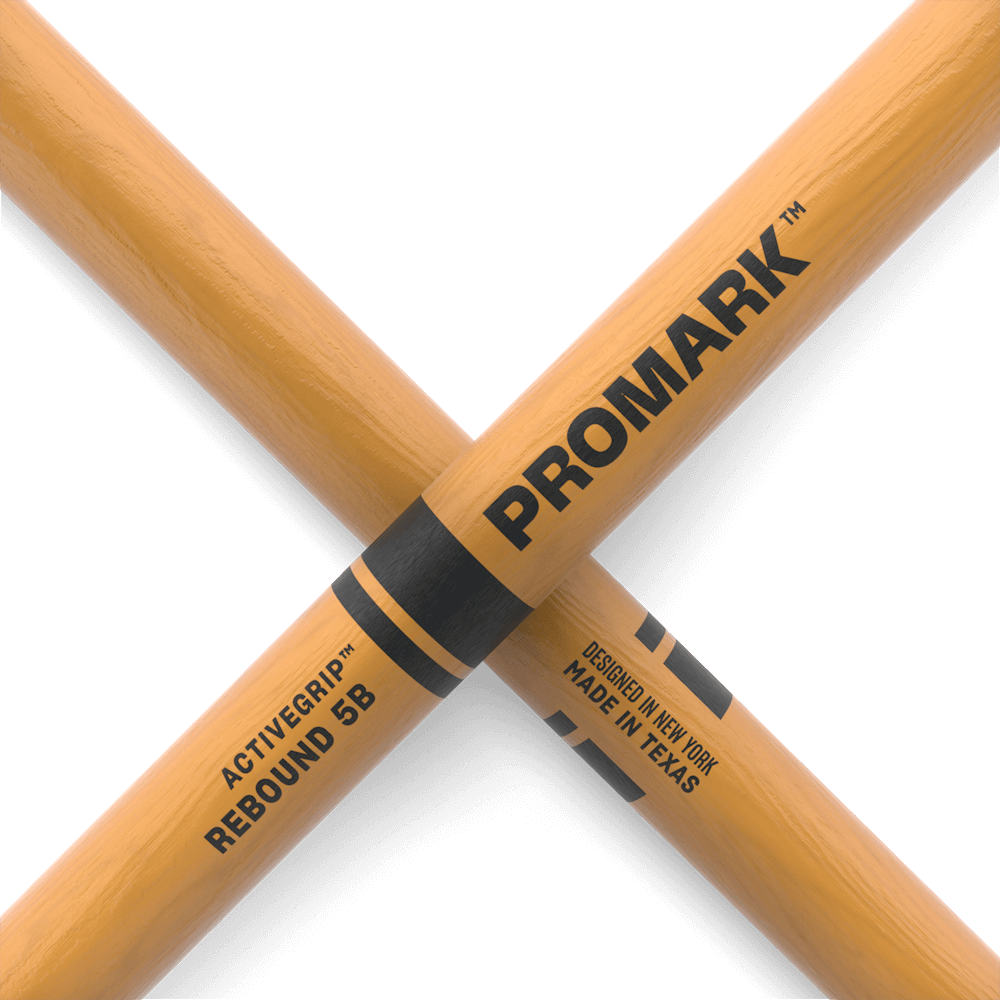 ProMark Rebound 5B ActiveGrip drumsticks with hickory handle and acorn tip, designed for durability and control.
