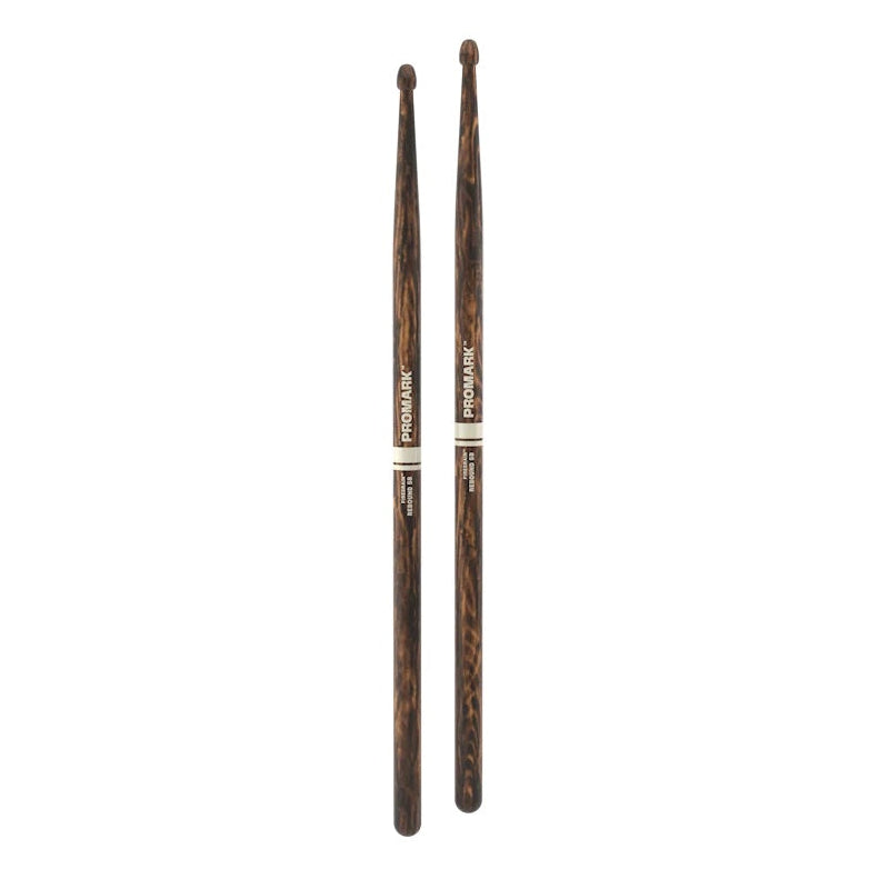 ProMark Rebound 5B FireGrain drumsticks shown, featuring natural wood finish and textured grip for drumming performance.