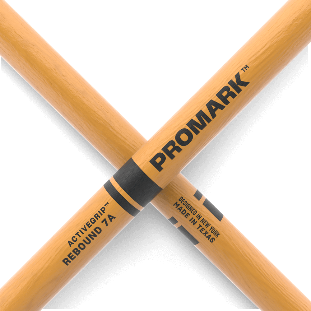 ProMark Rebound 7A ActiveGrip drumsticks with hickory construction and acorn tip, designed for versatile drumming performance