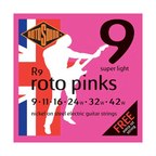 Rotosound R9 Roto Pinks electric guitar string set with gauges 9-42, featuring vibrant pink color and metal wound strings.