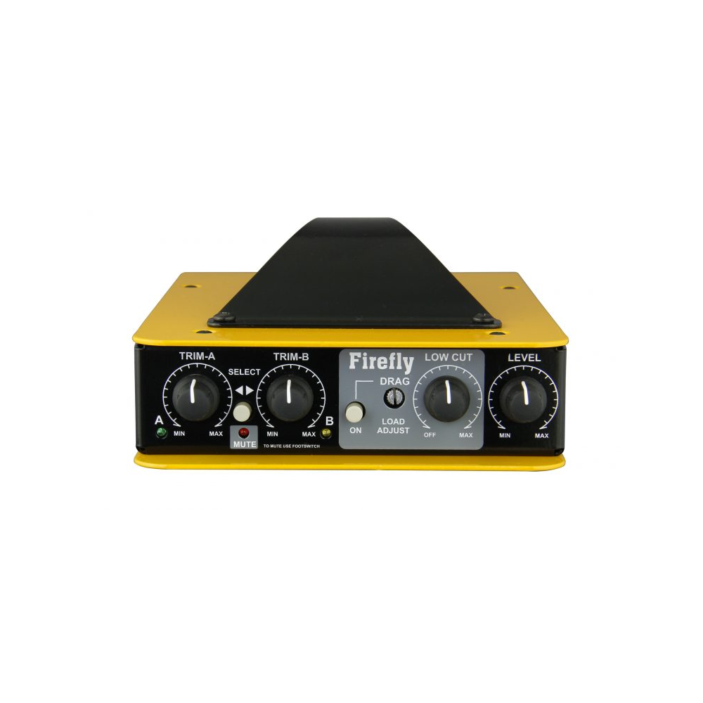 Radial Firefly Class-A 12AX7 Tube DI with transformer isolated output on a studio table, showcasing its sleek design.