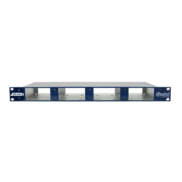 Radial J-RAK4 1RU rack adaptor shelf mounted in a server rack, showcasing sturdy metal construction and rack-mount compatibility.