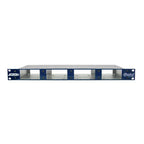 Radial J-RAK4 1RU rack adaptor shelf mounted in a server rack, showcasing sturdy metal construction and rack-mount compatibility.