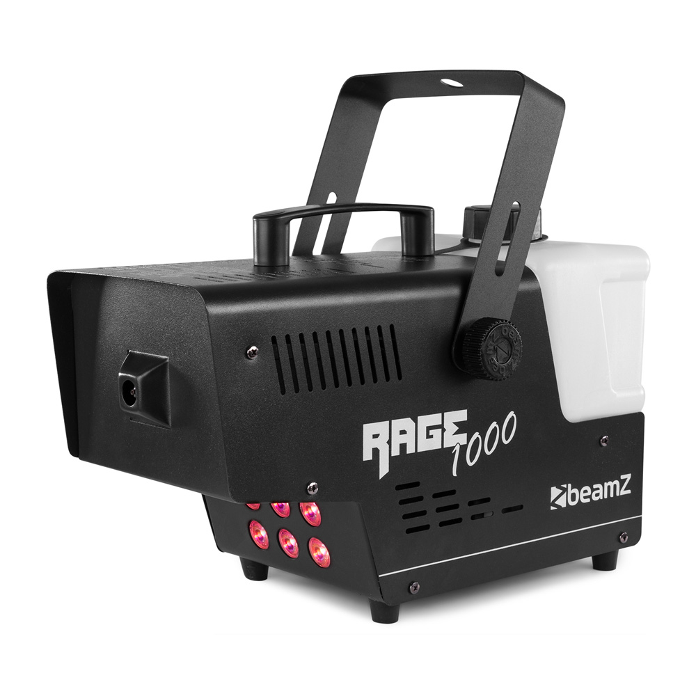 Beamz Rage 1000 LED smoke machine emitting colorful fog for atmospheric effects in stage or party settings.