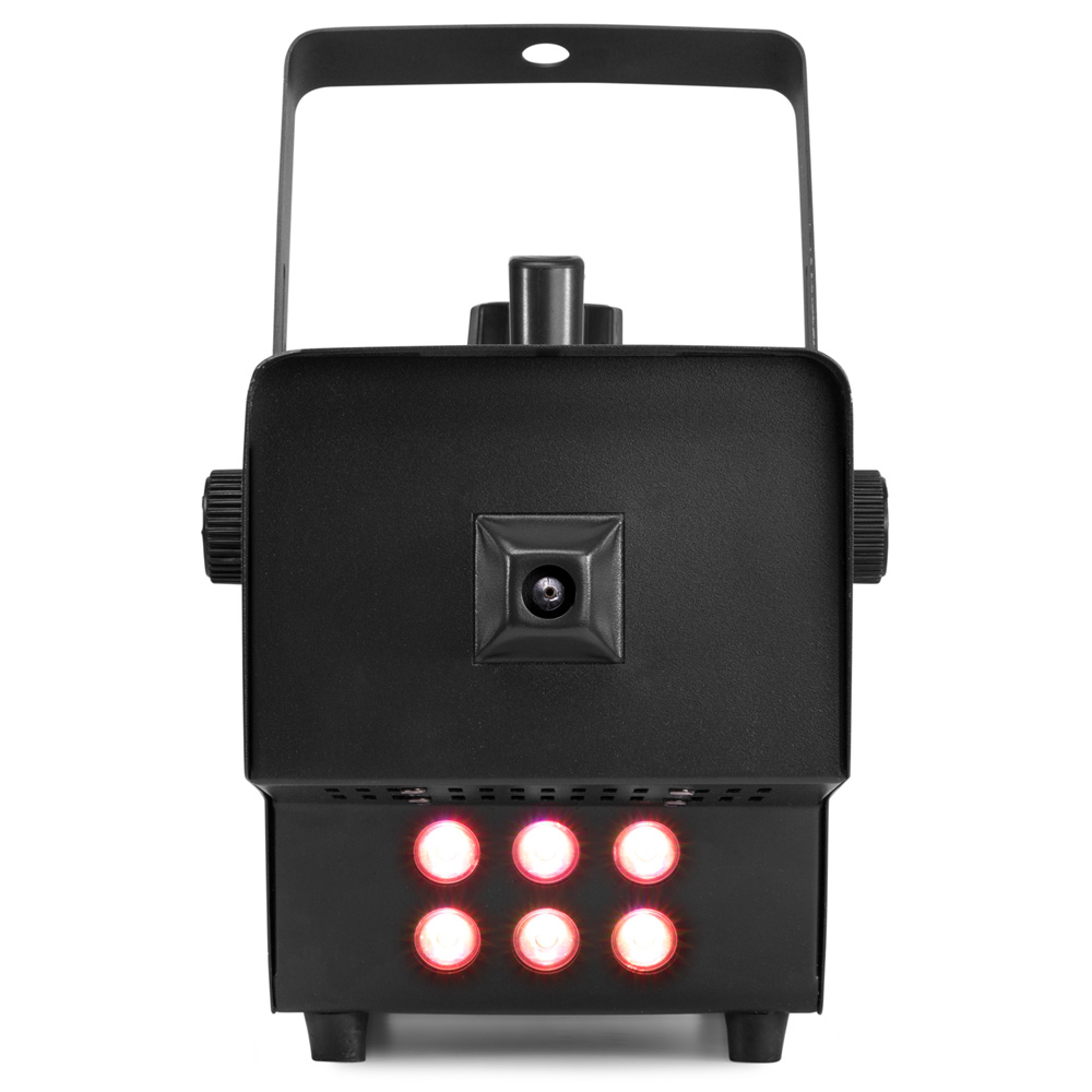 Beamz Rage 1000 LED smoke machine emitting colorful fog for atmospheric effects, with control panel and LED lighting features.