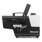 Beamz Rage 1000 LED smoke machine emitting colorful fog for atmospheric effects, with control panel visible.
