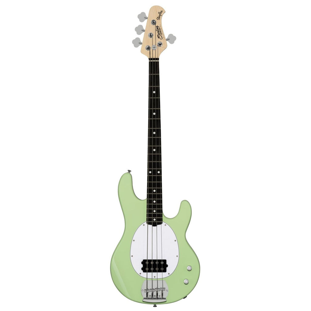Sterling by Music Man Ray2 StingRay bass guitar in Misty Green with amaranth fingerboard, showcasing its sleek design and wood finish.