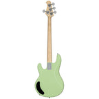 Sterling by Music Man Ray2 StingRay bass guitar in Amaranth Finish with Misty Green color, featuring a sleek body and four-string design.