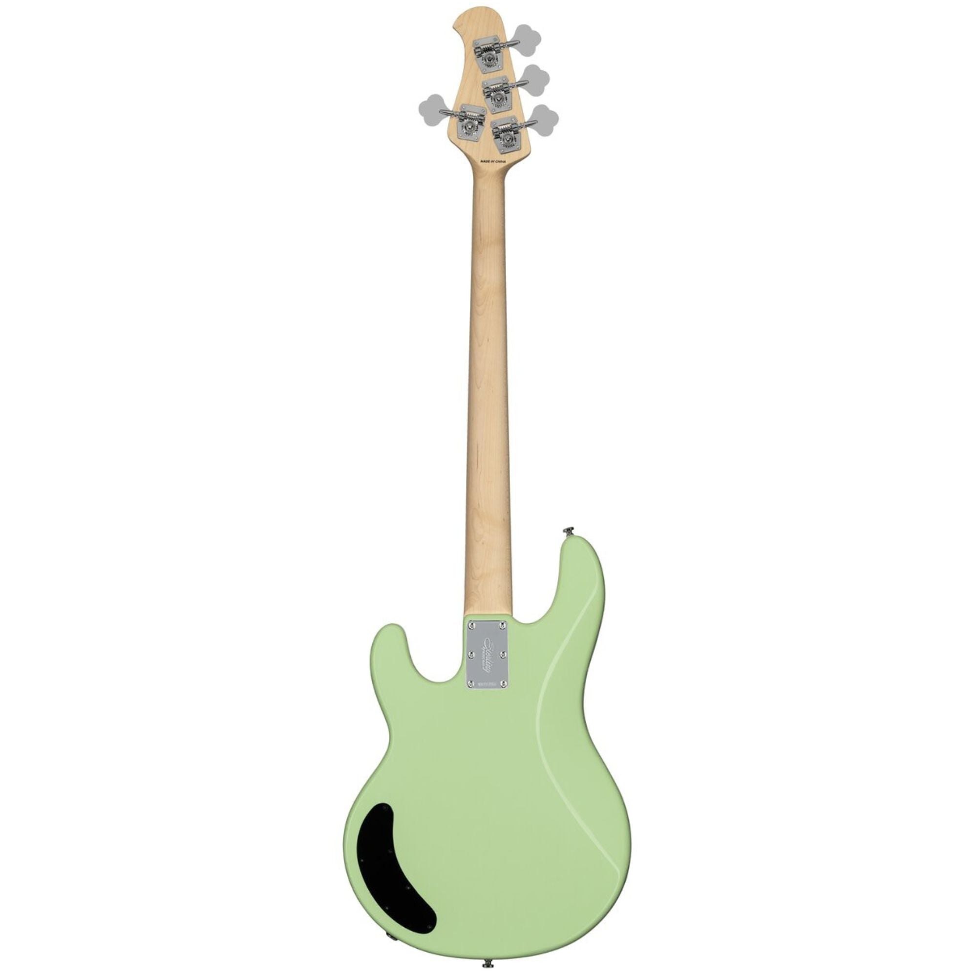 Sterling by Music Man Ray2 StingRay bass guitar in Amaranth Finish with Misty Green color, featuring a sleek body and four-string design.