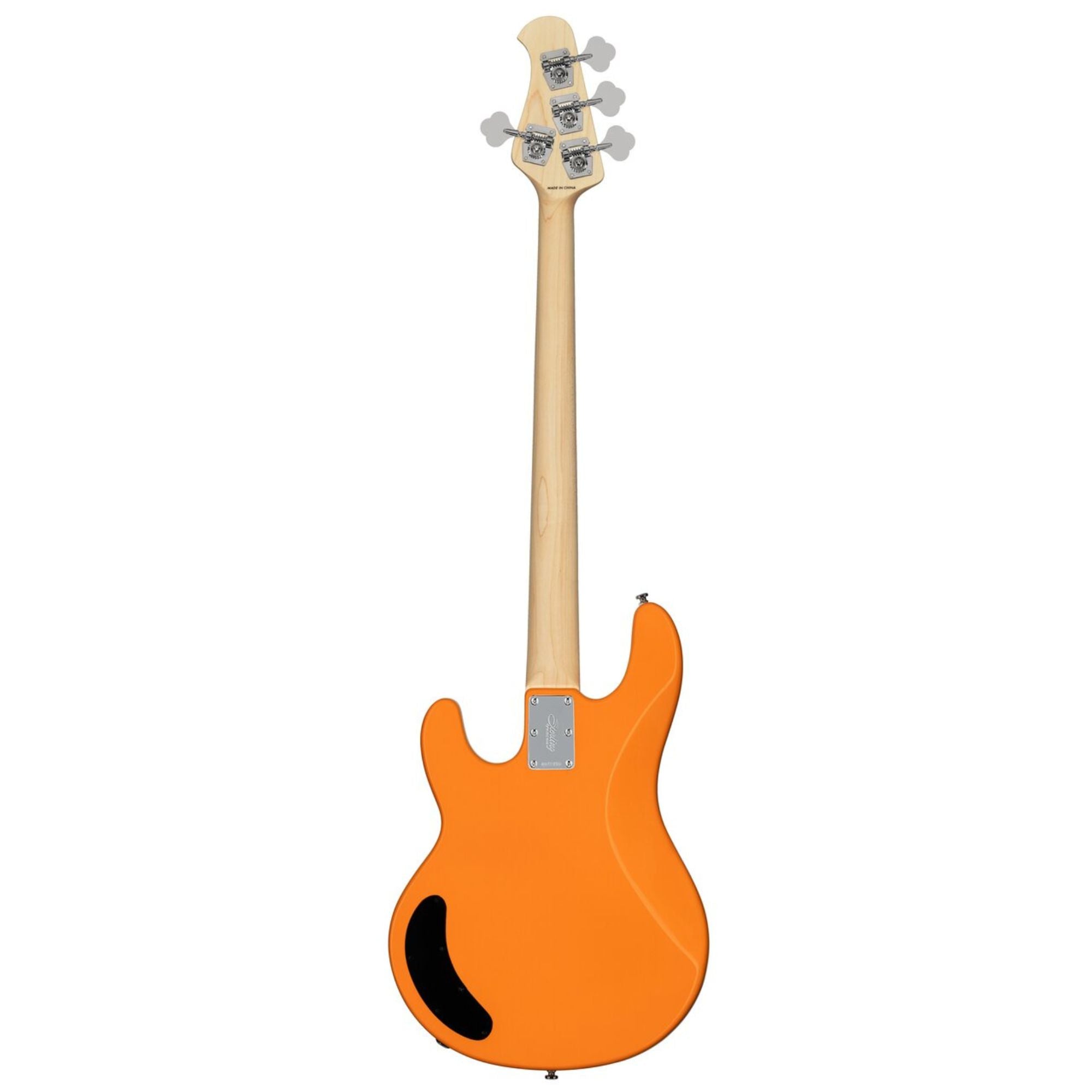 Stirling Music Man Stingray Ray2 bass guitar with maple neck in Sunrise Orange, showing the body and neck details.