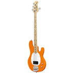 Stirling Music Man Stingray Ray2 bass guitar with maple neck in vibrant sunrise orange finish, shown from the front.