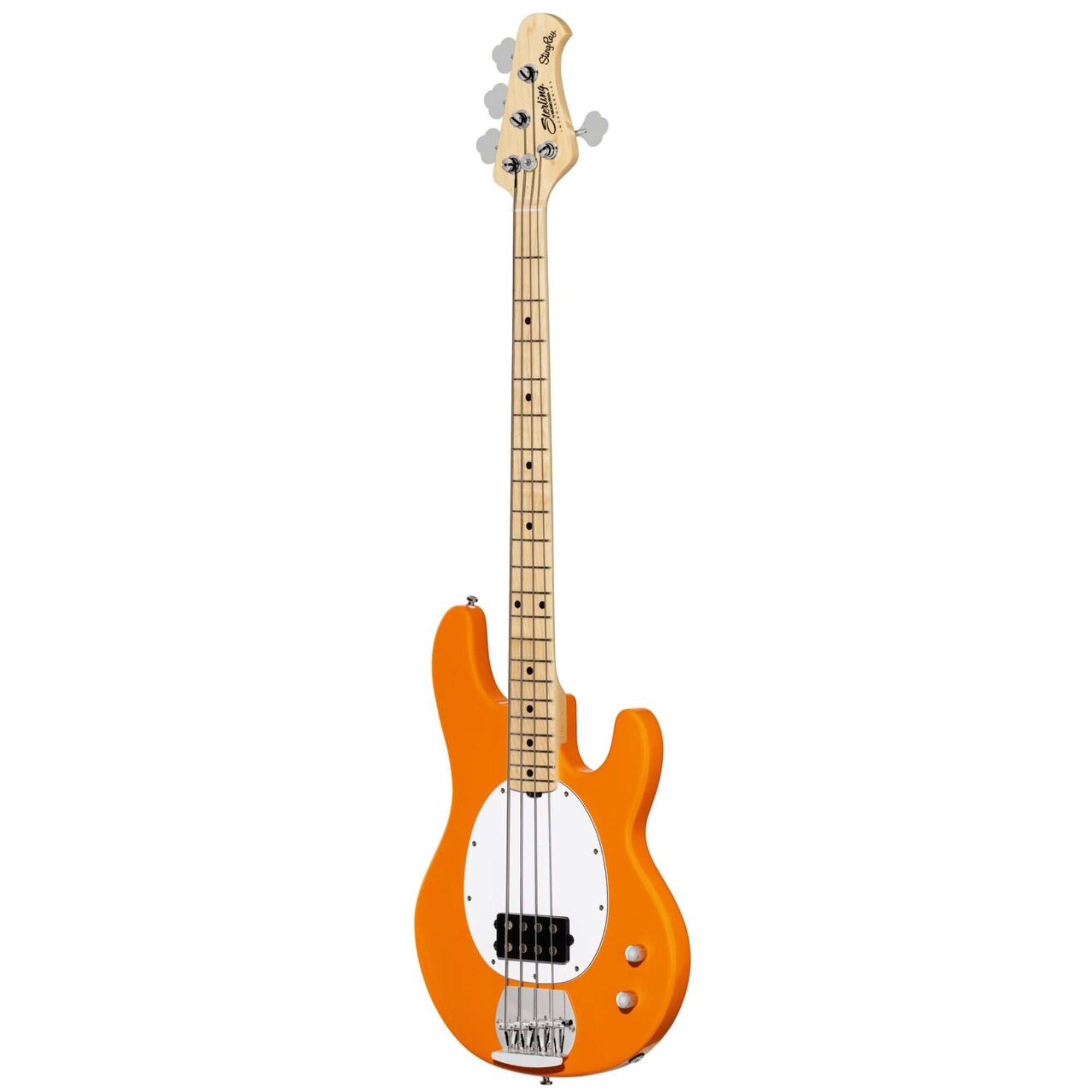 Stirling Music Man Stingray Ray2 bass guitar with maple neck in vibrant sunrise orange finish, shown from the front.