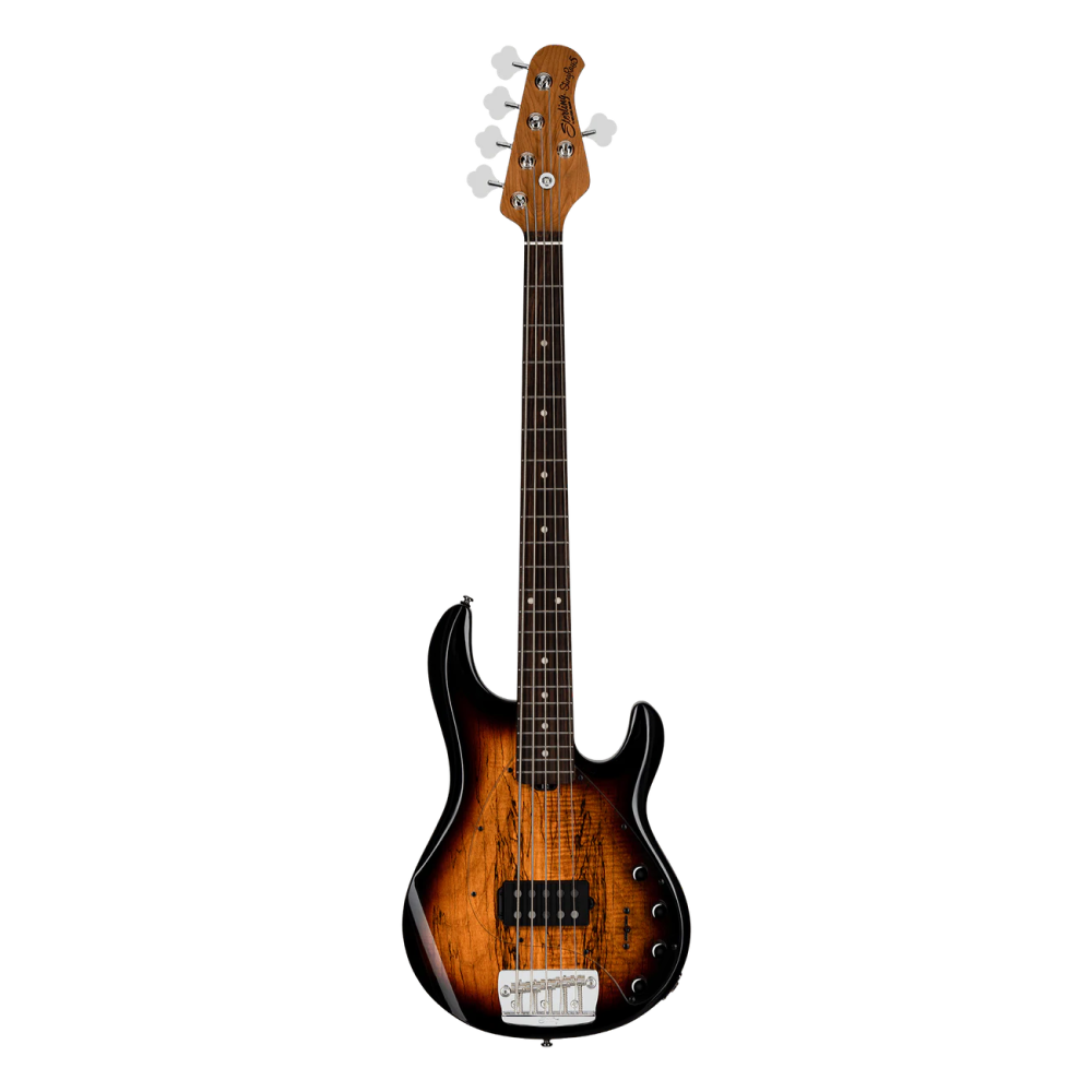 Sterling by Music Man Ray35 5 String Bass StingRay Spalted Maple 3 Tone Sunburst