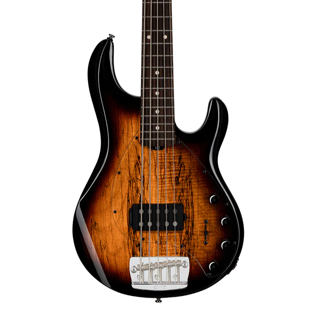 Sterling by Music Man Ray35 5 String Bass StingRay Spalted Maple 3 Tone Sunburst