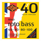Rotosound RB40 Rotobass medium electric bass guitar string set with four strings, showcasing the packaging and strings.