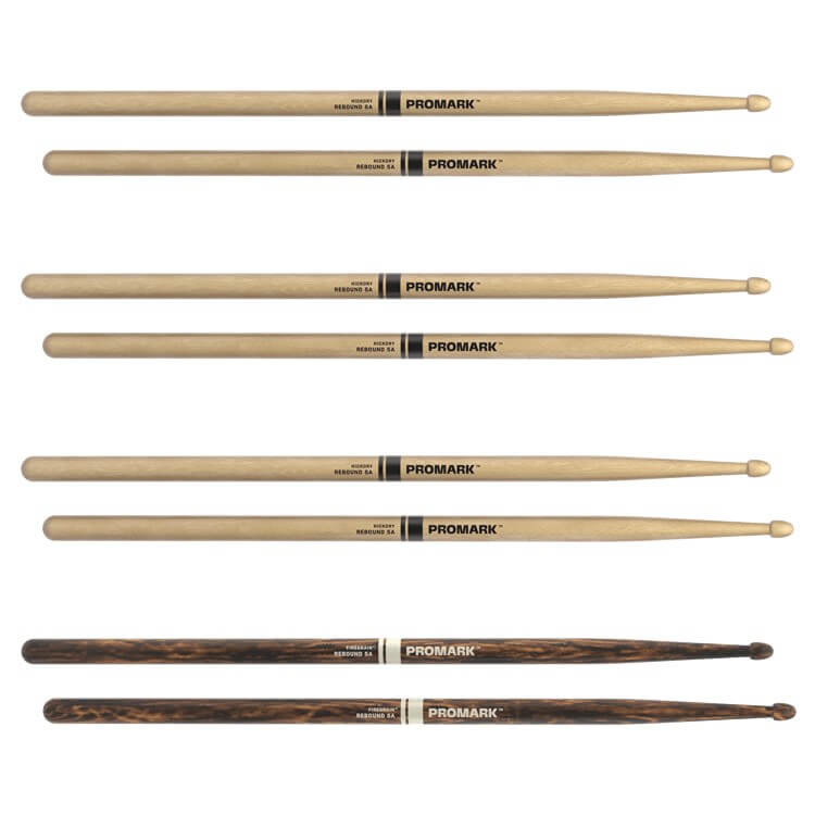ProMark Rebound 5A lacquered hickory wood tip drumsticks 4-pack with bonus FireGrain pair, ideal for drumming and percussion.