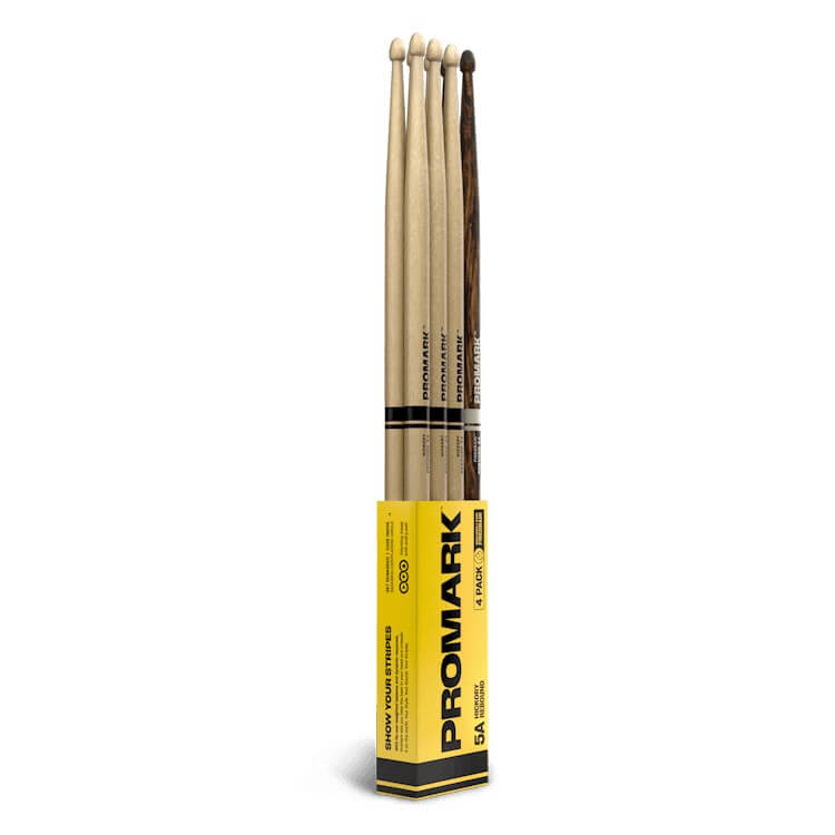 ProMark Rebound 5A lacquered hickory wood tip drumsticks, 4-pack with bonus FireGrain pair, shown with their wood tips and sleek finish.